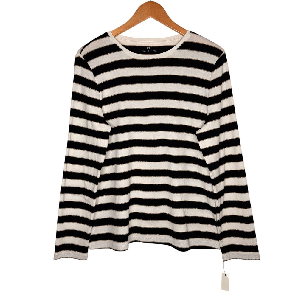 New Talbots Black White Gold Striped Top Size L Pima Cotton Long Sleeves Classic